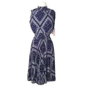 NWT Nanette Lepore Blue & White Floral‎ Diamond Pleated Sleeveless Midi Dress- 4